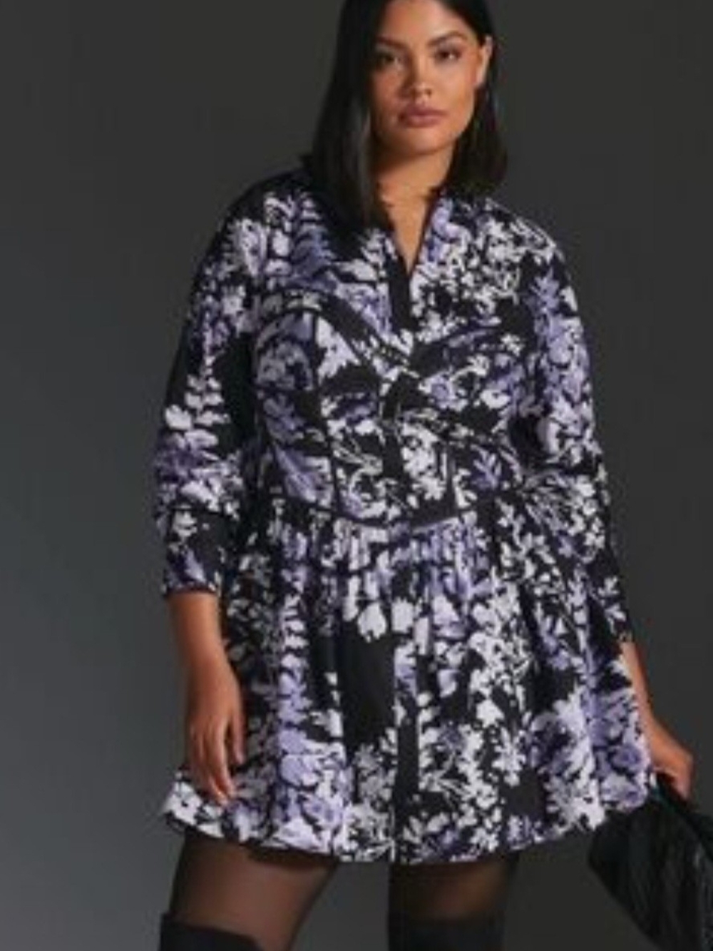 Anthropologie Black and Lavender Floral Long-Sleeve Tiered Dress